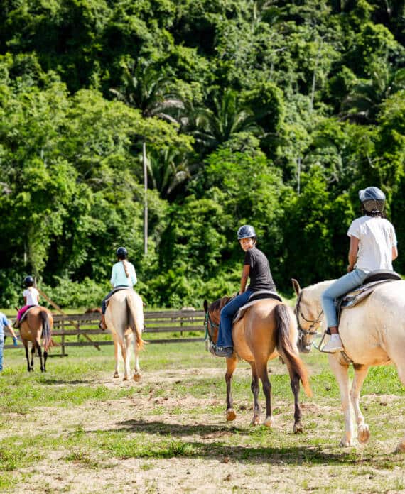 A group of kids riding horses during horse camp at The Stables at Sleeping Giant.